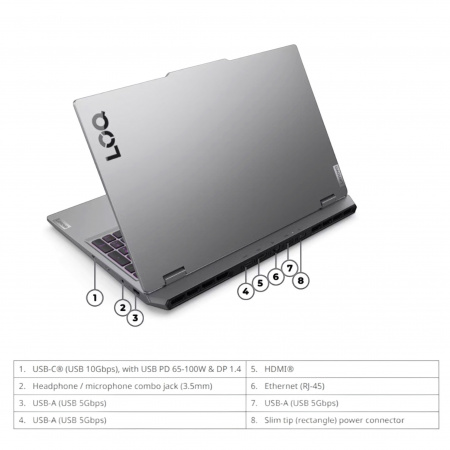 Ноутбук Lenovo LOQ 15AHP10/AMD Ryzen 7 250/16Gb/ 512GB/ 15.6"(1920x1080) IPS 300nits  AG 100%SRGB,144Hz/ 8Gb NVIDIA GeForce RTX5060/ LAN/ WiFi/ BT/ TPM/ FHDCam/ BKLTKB/ 60Wh/ Win11Home/ LunaGrey/1Y(83JG007PUS) (id 55490)